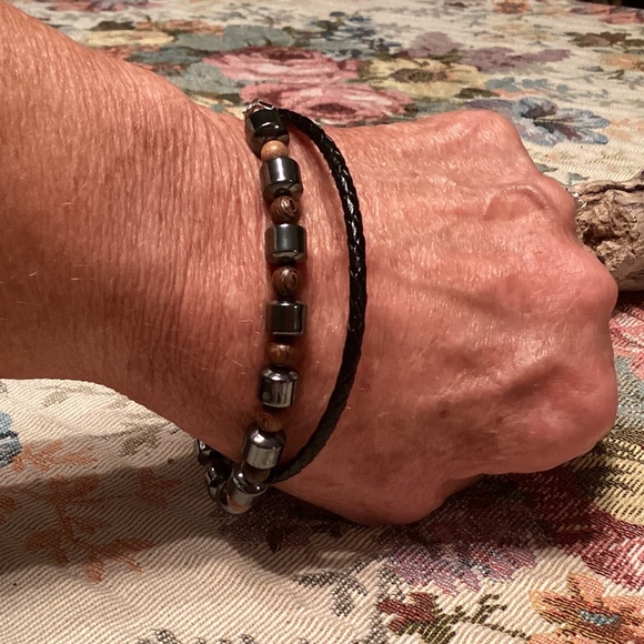 Handcrafted Black Braided Leather / Hematite and Wood Beaded Bracelet 8.5” - Picture 4 of 5